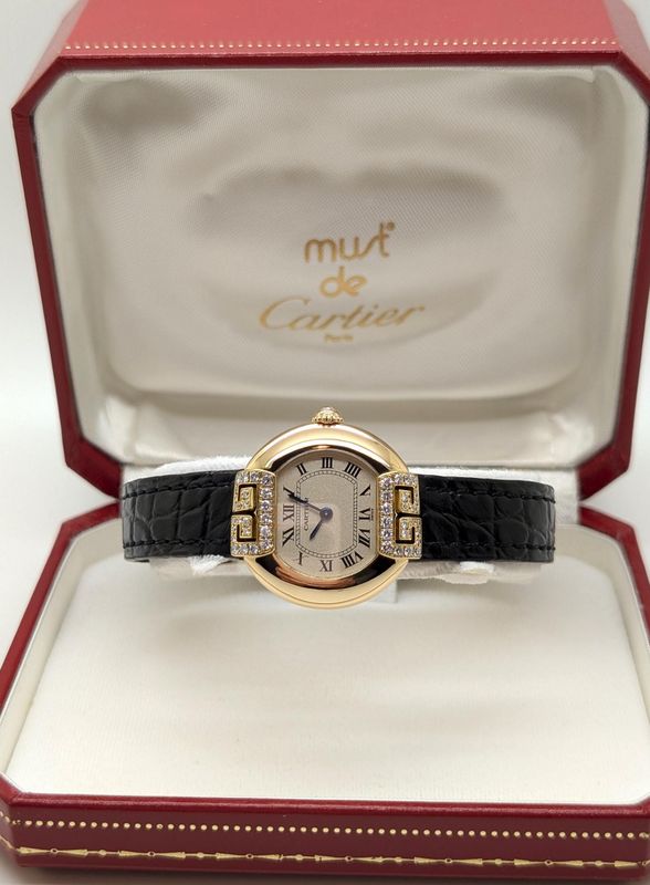 Cartier Ellipse Watch in Yellow Gold with Diamonds, Quartz Movement and black alligator strap, vintage watch for women