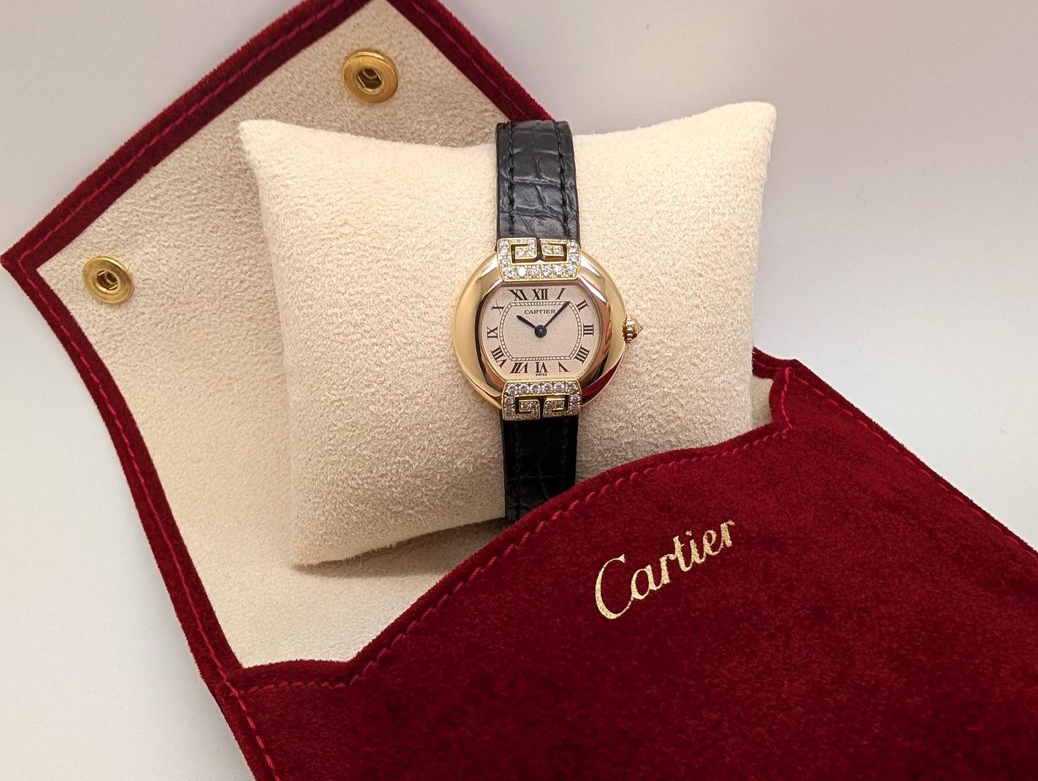 Cartier Ellipse Watch in Yellow Gold with Diamonds, Quartz Movement and black alligator strap, vintage watch for women