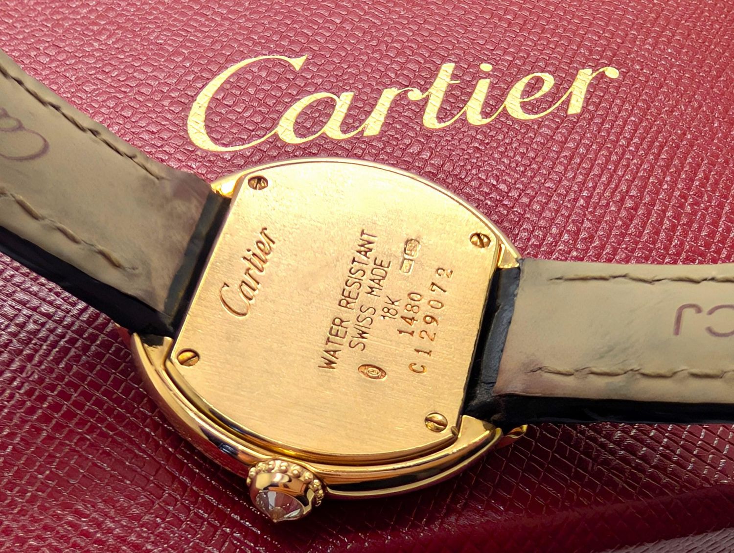 Cartier Ellipse Watch in Yellow Gold with Diamonds, Quartz Movement and black alligator strap, vintage watch for women