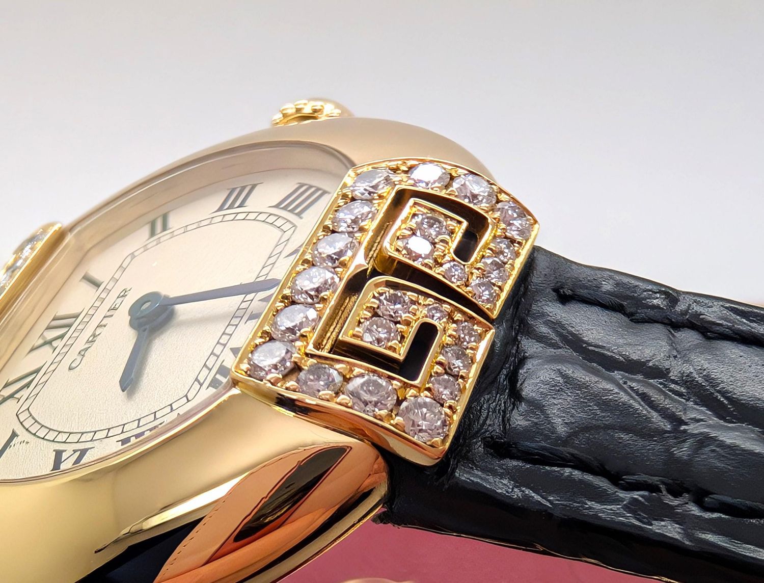 Cartier Ellipse Watch in Yellow Gold with Diamonds, Quartz Movement and black alligator strap, vintage watch for women