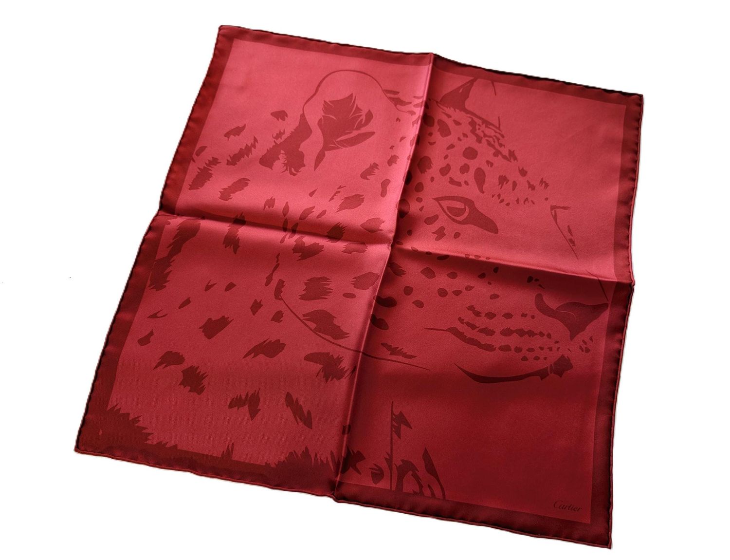 Cartier Silk Pocket Square or Small Scarf in Ruby Red Panther motif Made in Italy