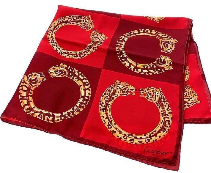 Vintage Cartier Scarf Mid-Size Italian Silk Twill red Panther Bracelet motif comes with Original Box + Certificate