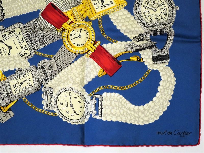 Vintage Cartier Scarf Large Square Size French Silk Twill blue Watches motif