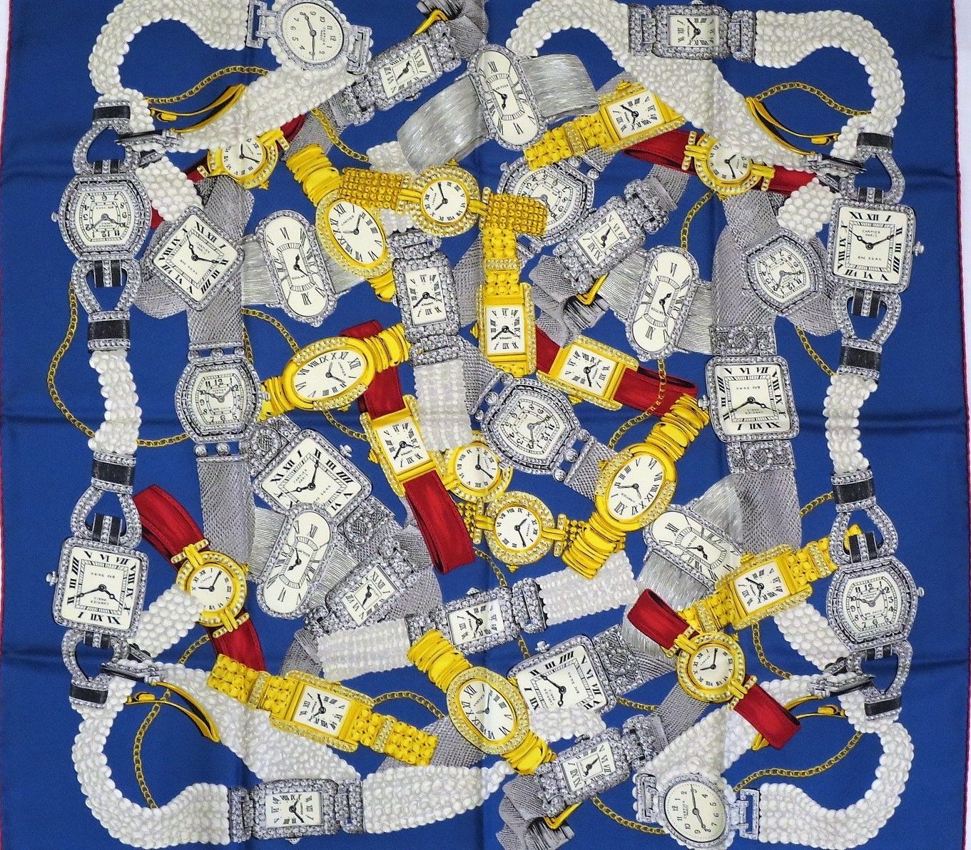 Vintage Cartier Scarf Large Square Size French Silk Twill blue Watches motif
