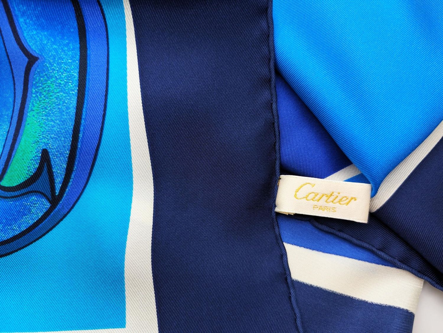 Vintage Cartier Scarf Large Square Size Italian Silk Twill in Blue Green Logo Motif comes with Original Tag + Box