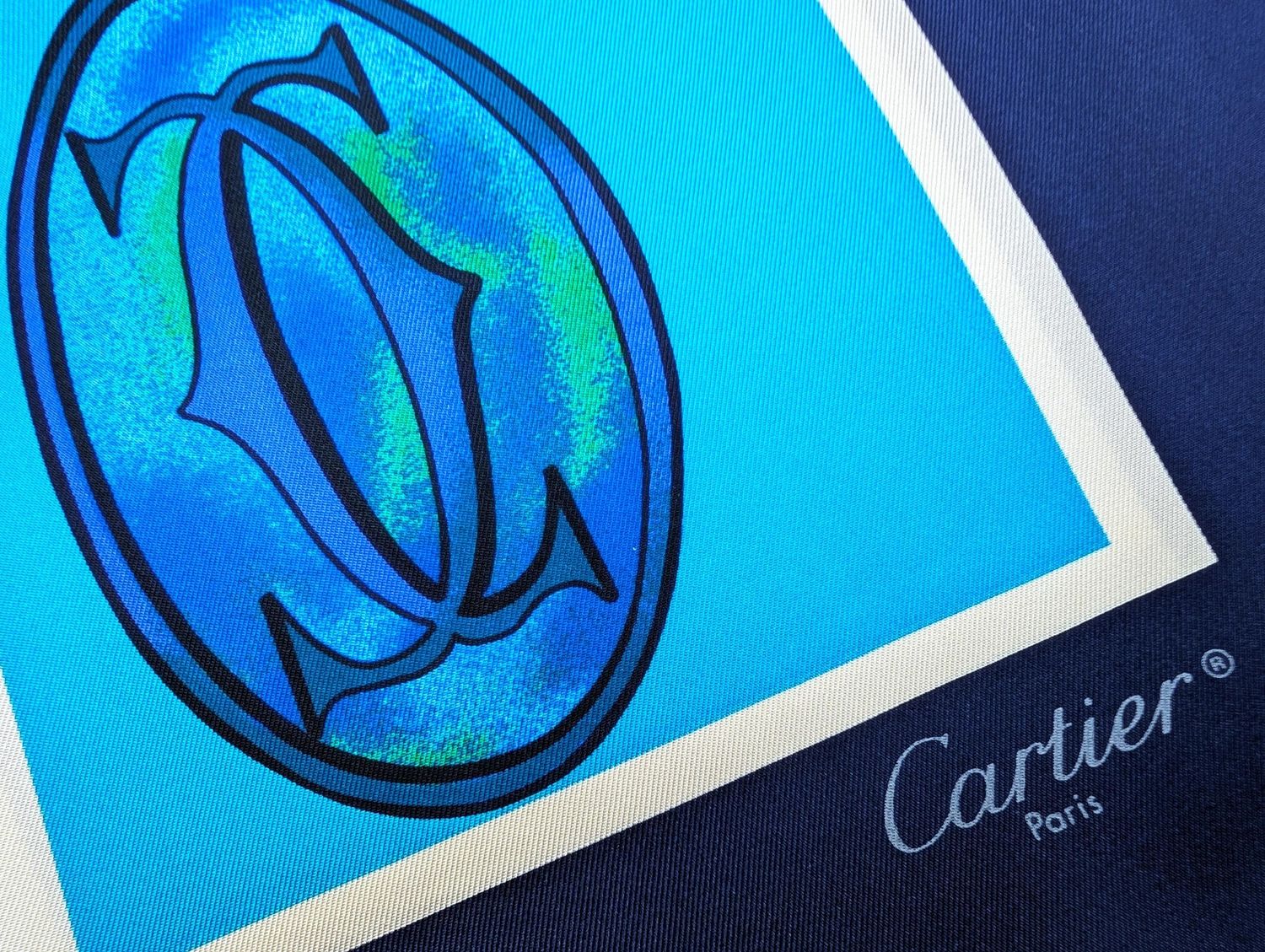 Vintage Cartier Scarf Large Square Size Italian Silk Twill in Blue Green Logo Motif comes with Original Tag + Box