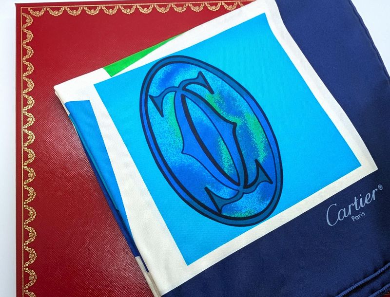 Vintage Cartier Scarf Large Square Size Italian Silk Twill in Blue Green Logo Motif comes with Original Tag + Box