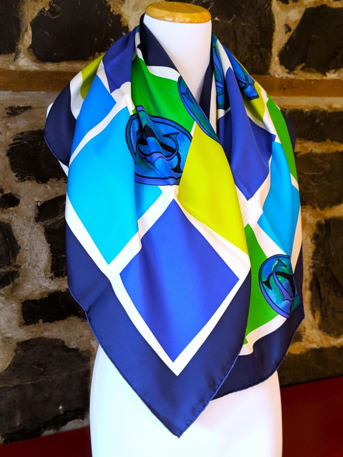 Vintage Cartier Scarf Large Square Size Italian Silk Twill in Blue Green Logo Motif comes with Original Tag + Box