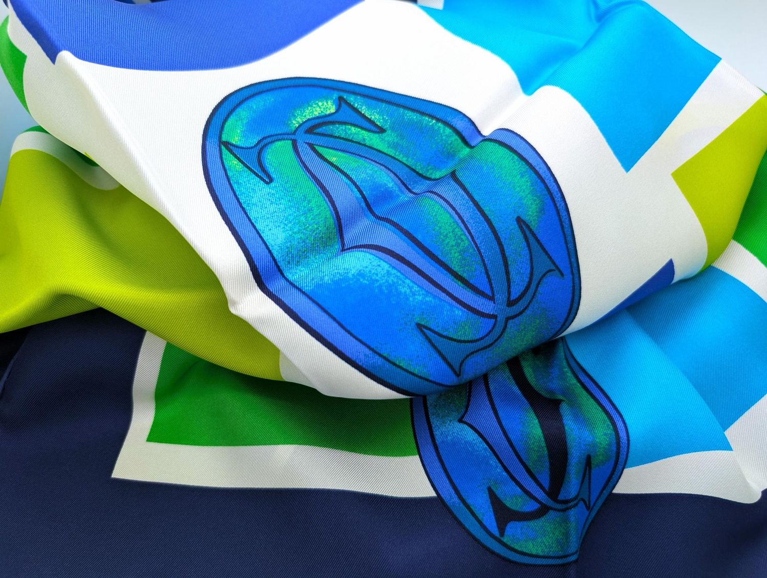 Vintage Cartier Scarf Large Square Size Italian Silk Twill in Blue Green Logo Motif comes with Original Tag + Box