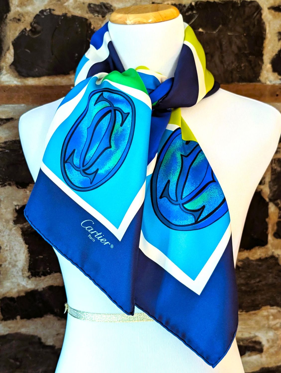 Vintage Cartier Scarf Large Square Size Italian Silk Twill in Blue Green Logo Motif comes with Original Tag + Box