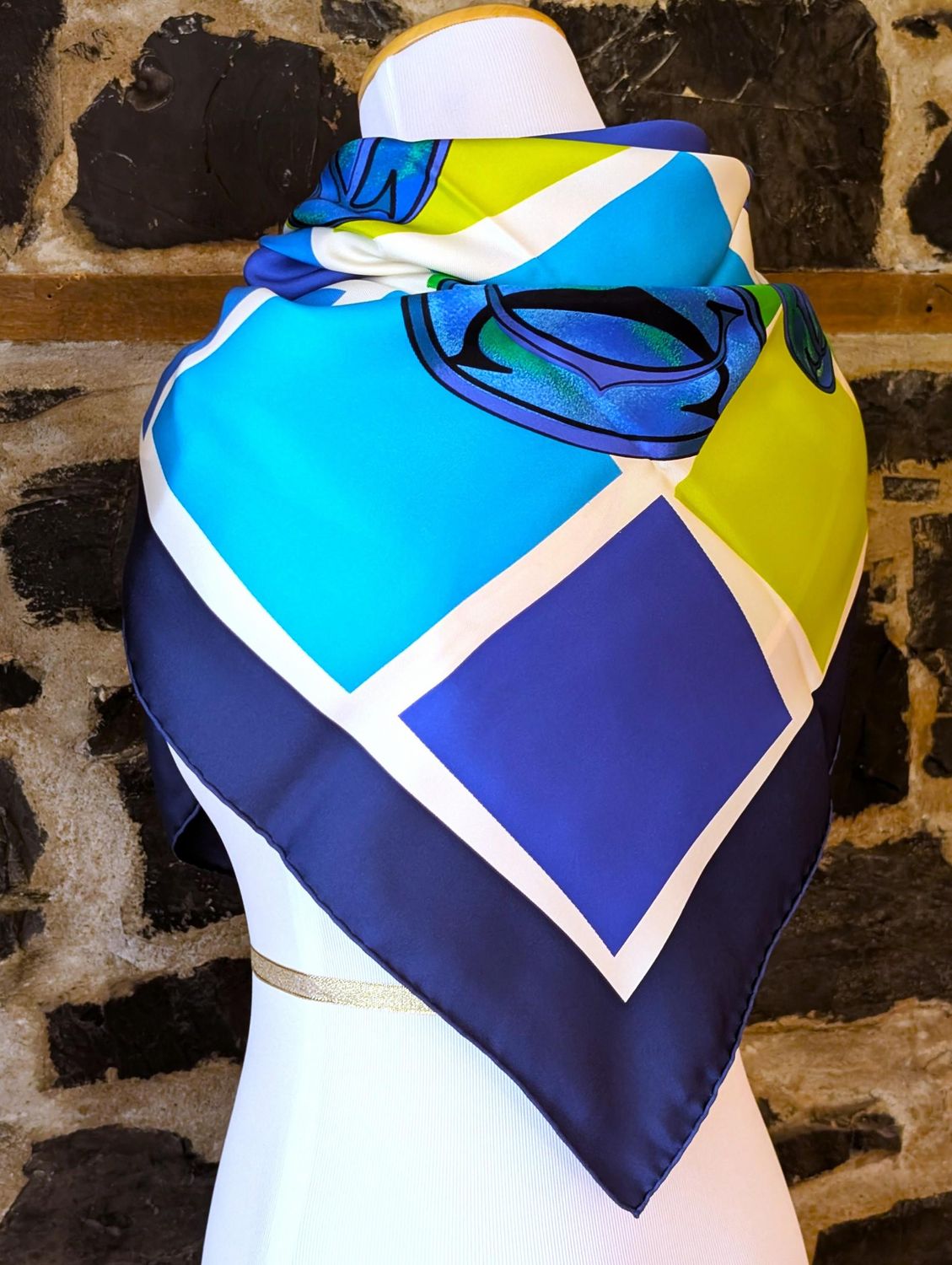 Vintage Cartier Scarf Large Square Size Italian Silk Twill in Blue Green Logo Motif comes with Original Tag + Box