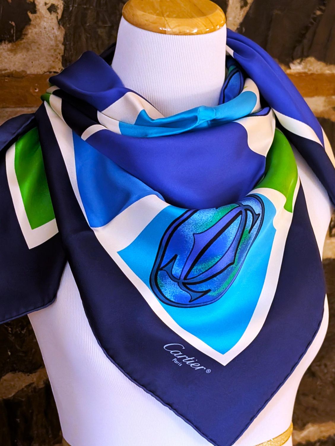 Vintage Cartier Scarf Large Square Size Italian Silk Twill in Blue Green Logo Motif comes with Original Tag + Box