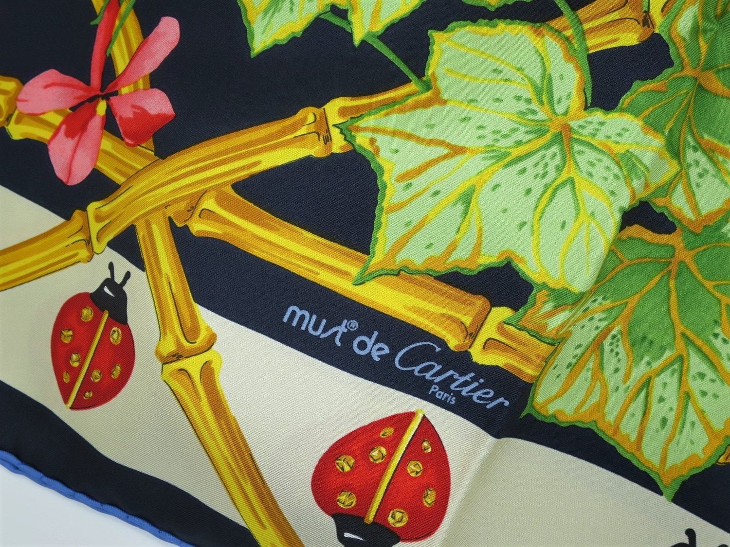 Cartier Scarf Large Square Size Italian Silk Twill with Original Box and La Coccinelle Jardin Ladybug Garden Decor Navy Blue
