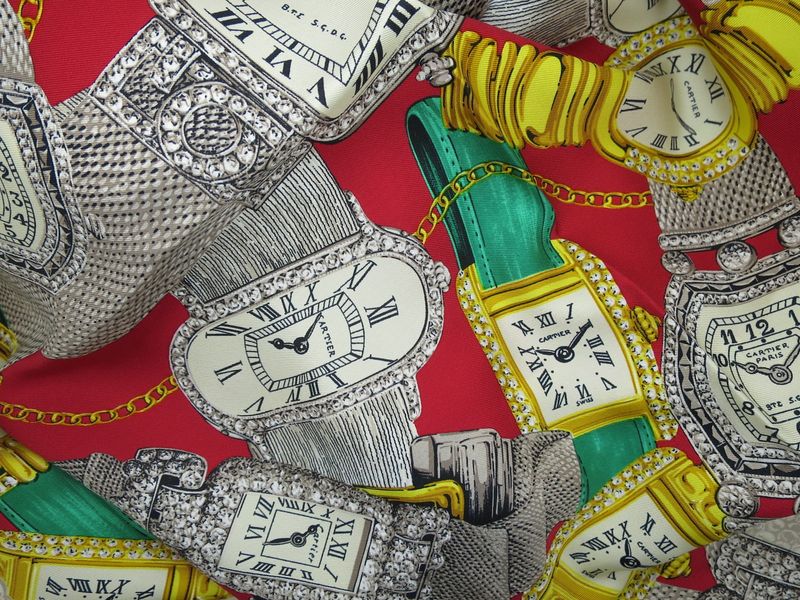 Vintage Cartier Scarf Large Square Size French Silk Twill red with Watches motif