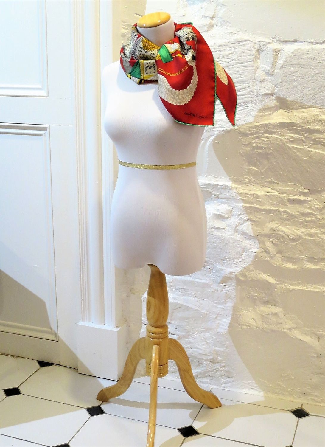 Vintage Cartier Scarf Large Square Size French Silk Twill red with Watches motif