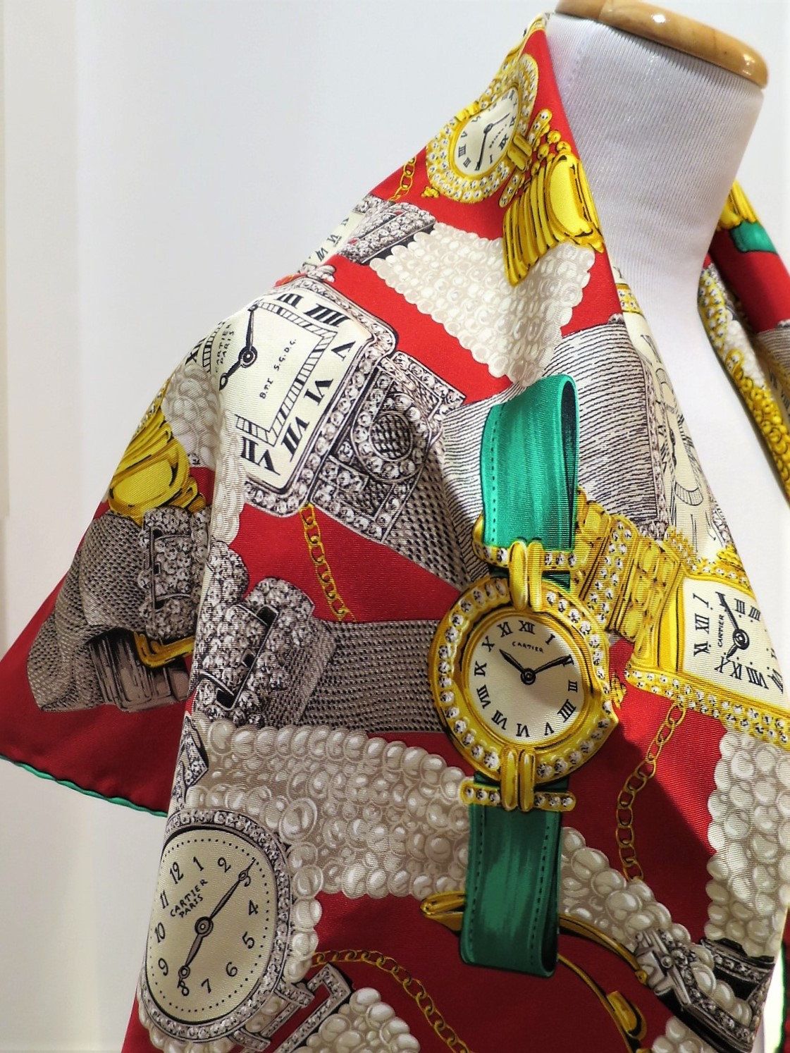 Vintage Cartier Scarf Large Square Size French Silk Twill red with Watches motif