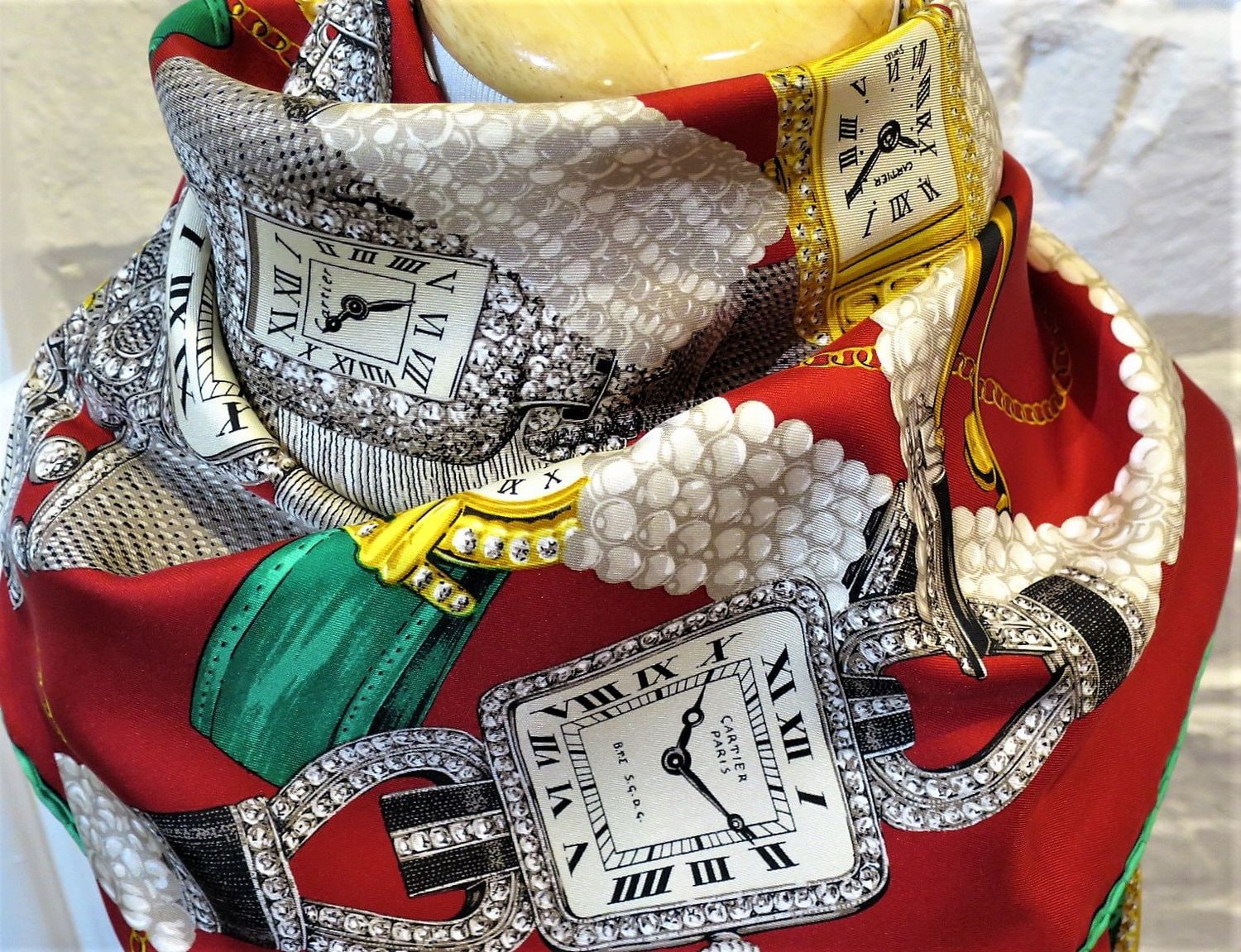 Vintage Cartier Scarf Large Square Size French Silk Twill red with Watches motif