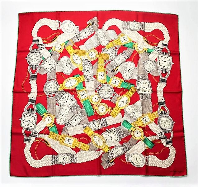 Vintage Cartier Scarf Large Square Size French Silk Twill red with Watches motif