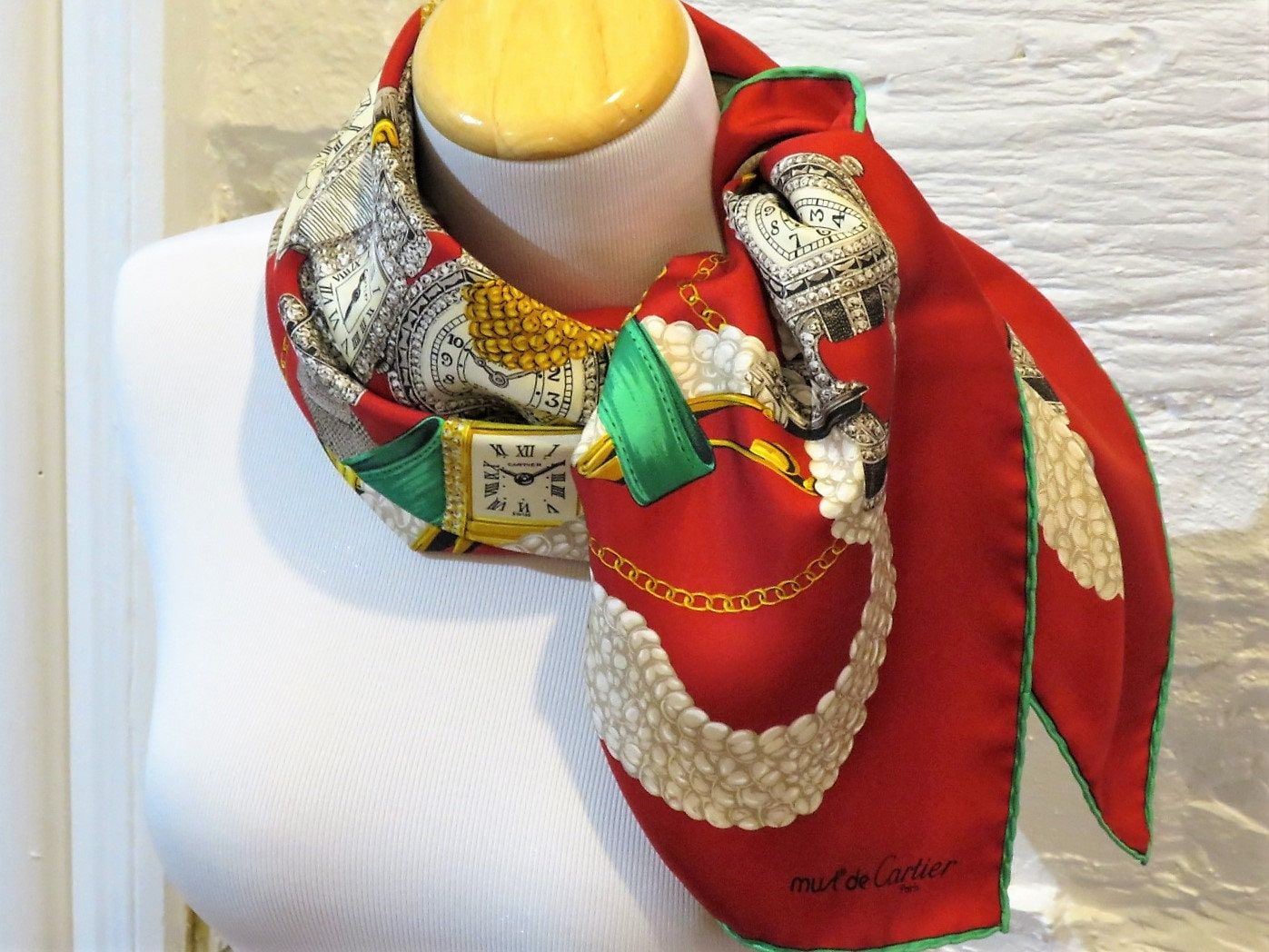 Vintage Cartier Scarf Large Square Size French Silk Twill red with Watches motif