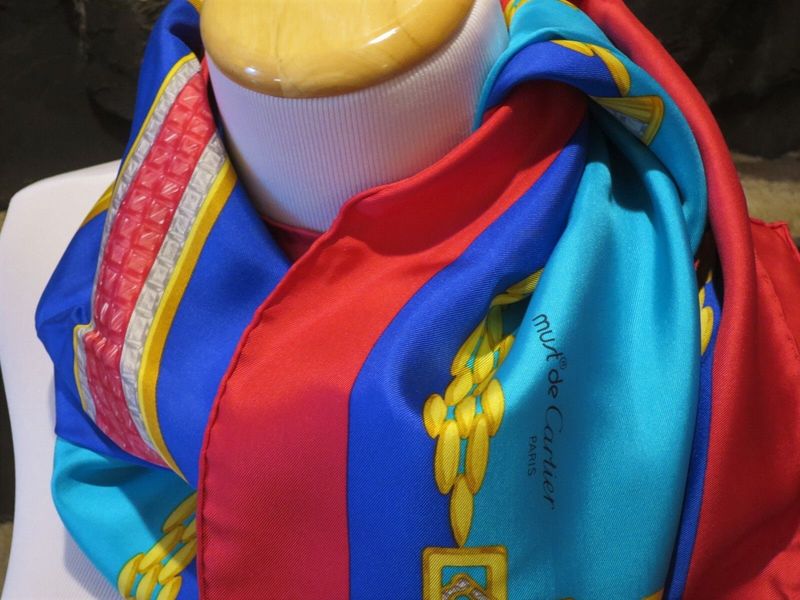 Vintage Cartier Scarf Large Square Size French Silk Twill the C de Cartier motif in Blue with Original Certificate + Box