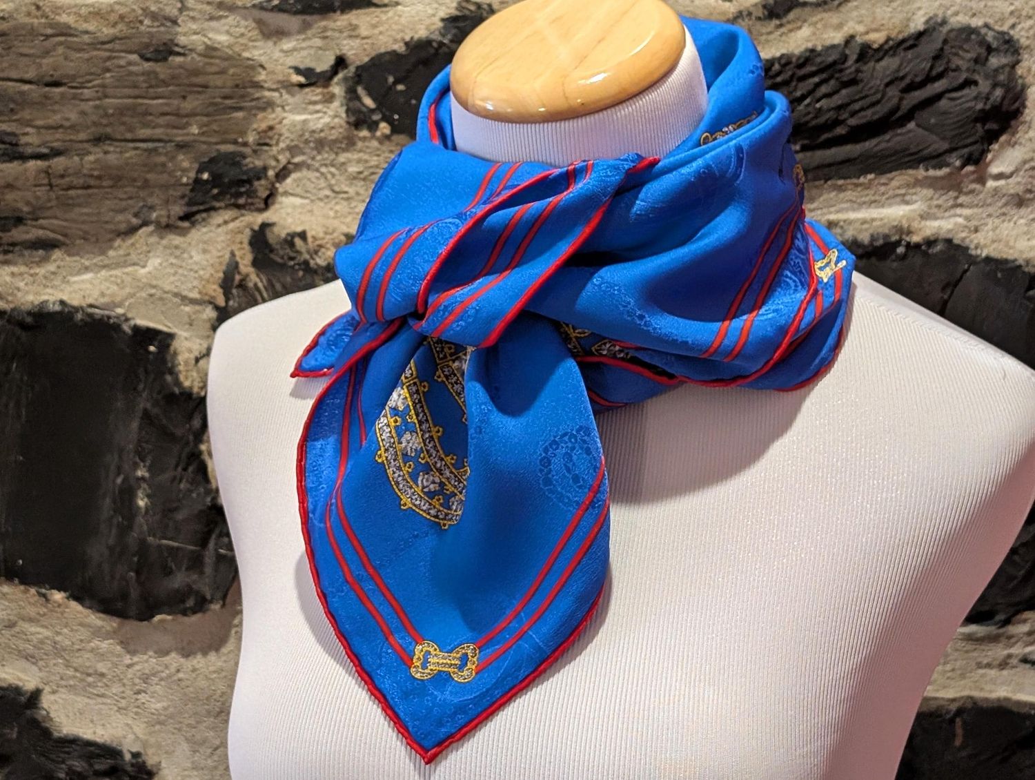 Vintage Cartier Scarf Large Square Size Italian Silk Brocade Antique Royal Brooches motif in Blue