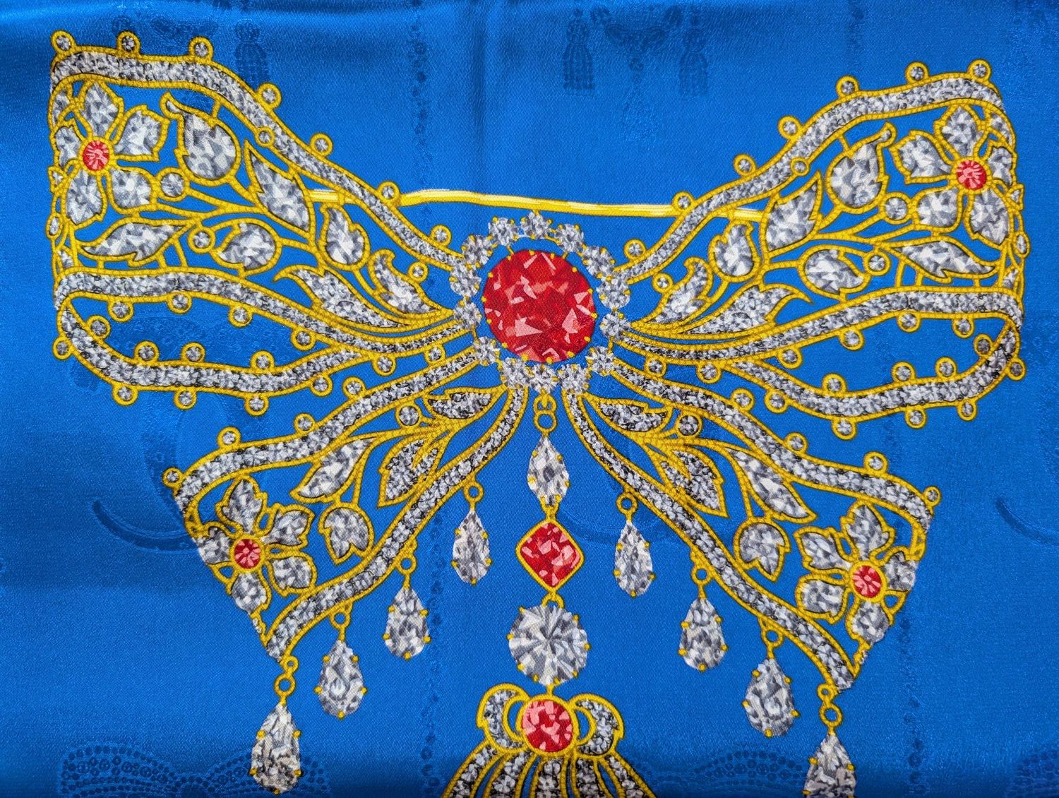 Vintage Cartier Scarf Large Square Size Italian Silk Brocade Antique Royal Brooches motif in Blue