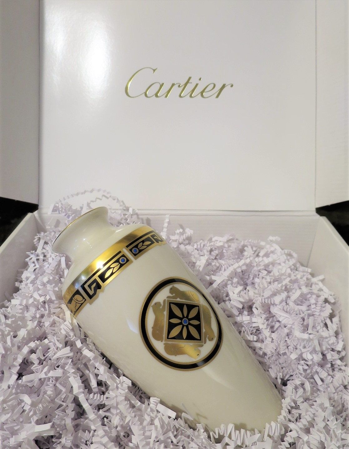 Vintage Cartier Vase Circa 1986 in Porcelain Egyptian Revival Decor