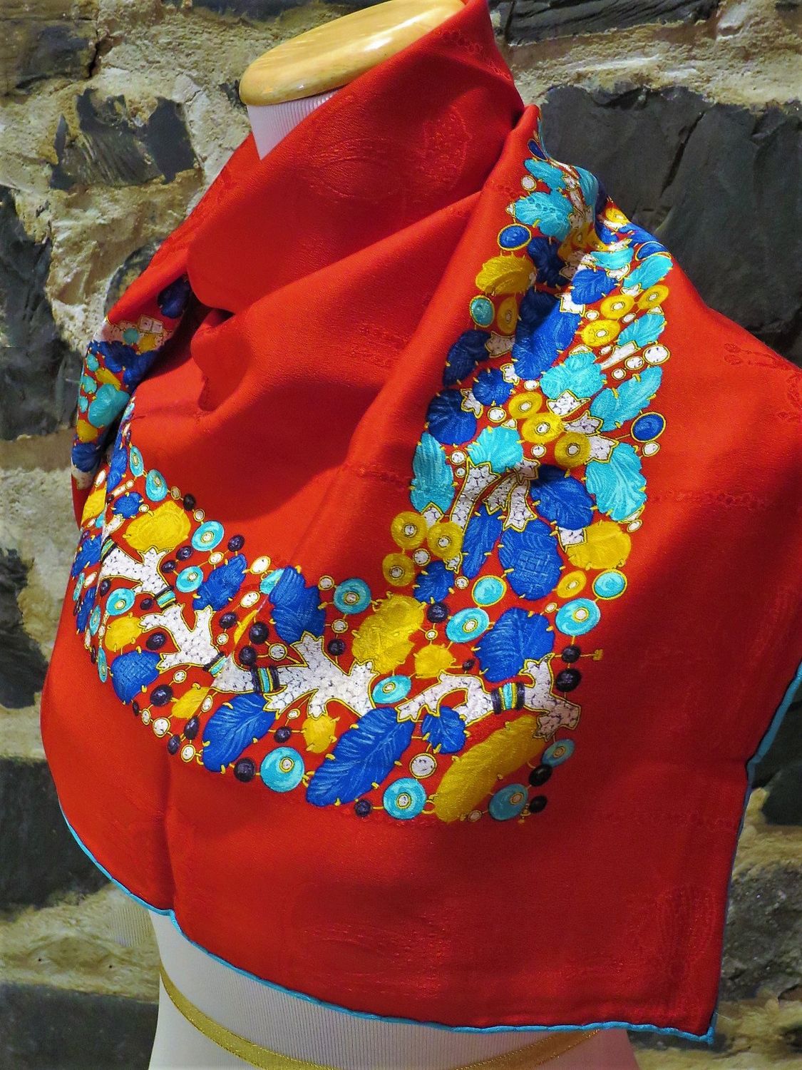 Vintage Cartier Scarf Large Square Size Italian Silk Brocade in red Tutti Frutti Jewelry motif