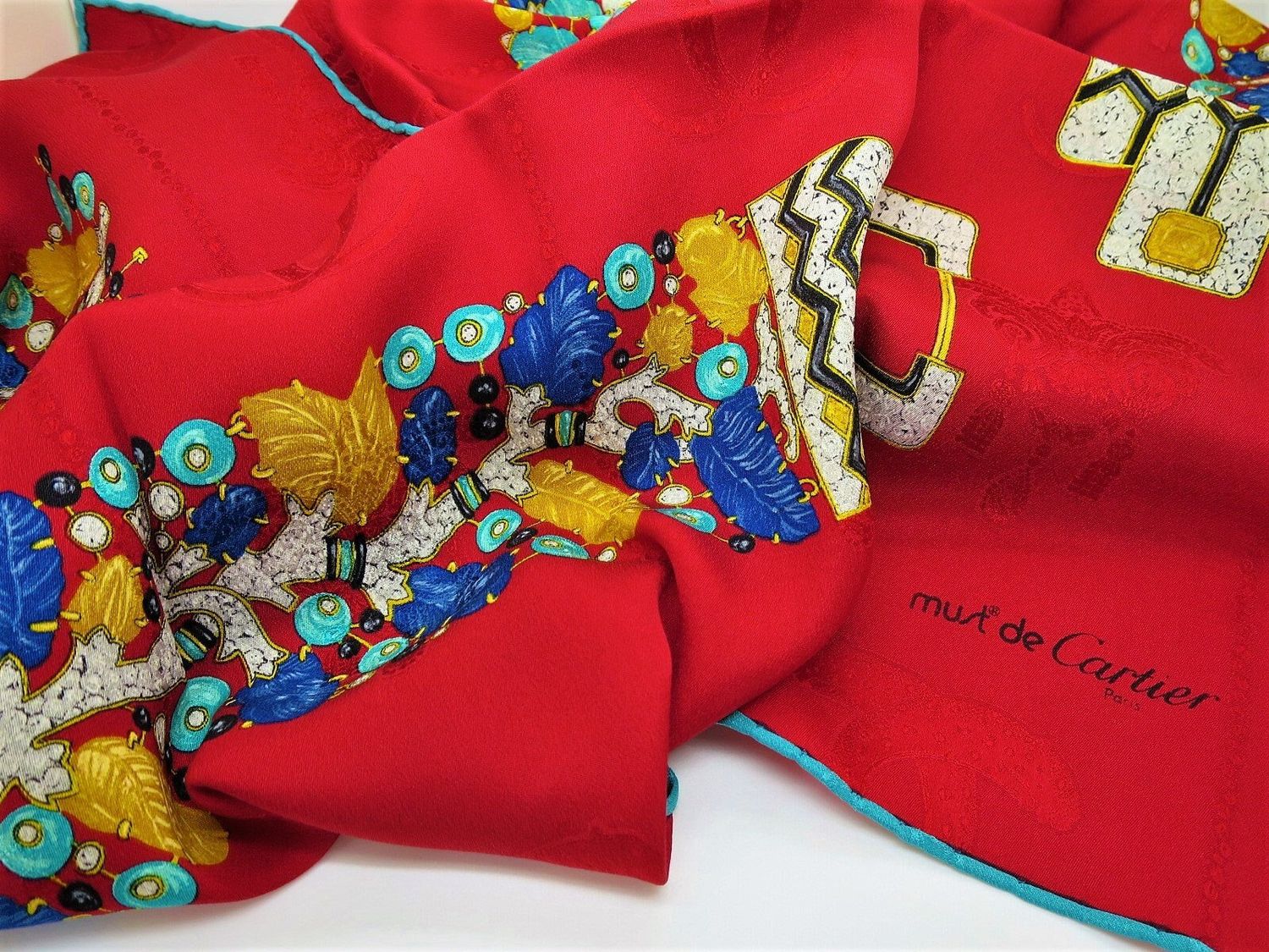 Vintage Cartier Scarf Large Square Size Italian Silk Brocade in red Tutti Frutti Jewelry motif