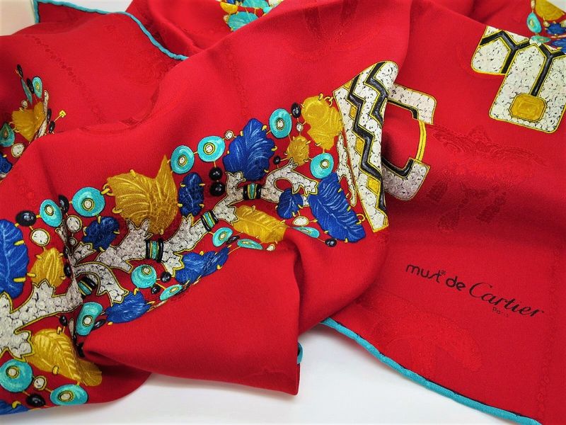 Vintage Cartier Scarf Large Square Size Italian Silk Brocade in red Tutti Frutti Jewelry motif