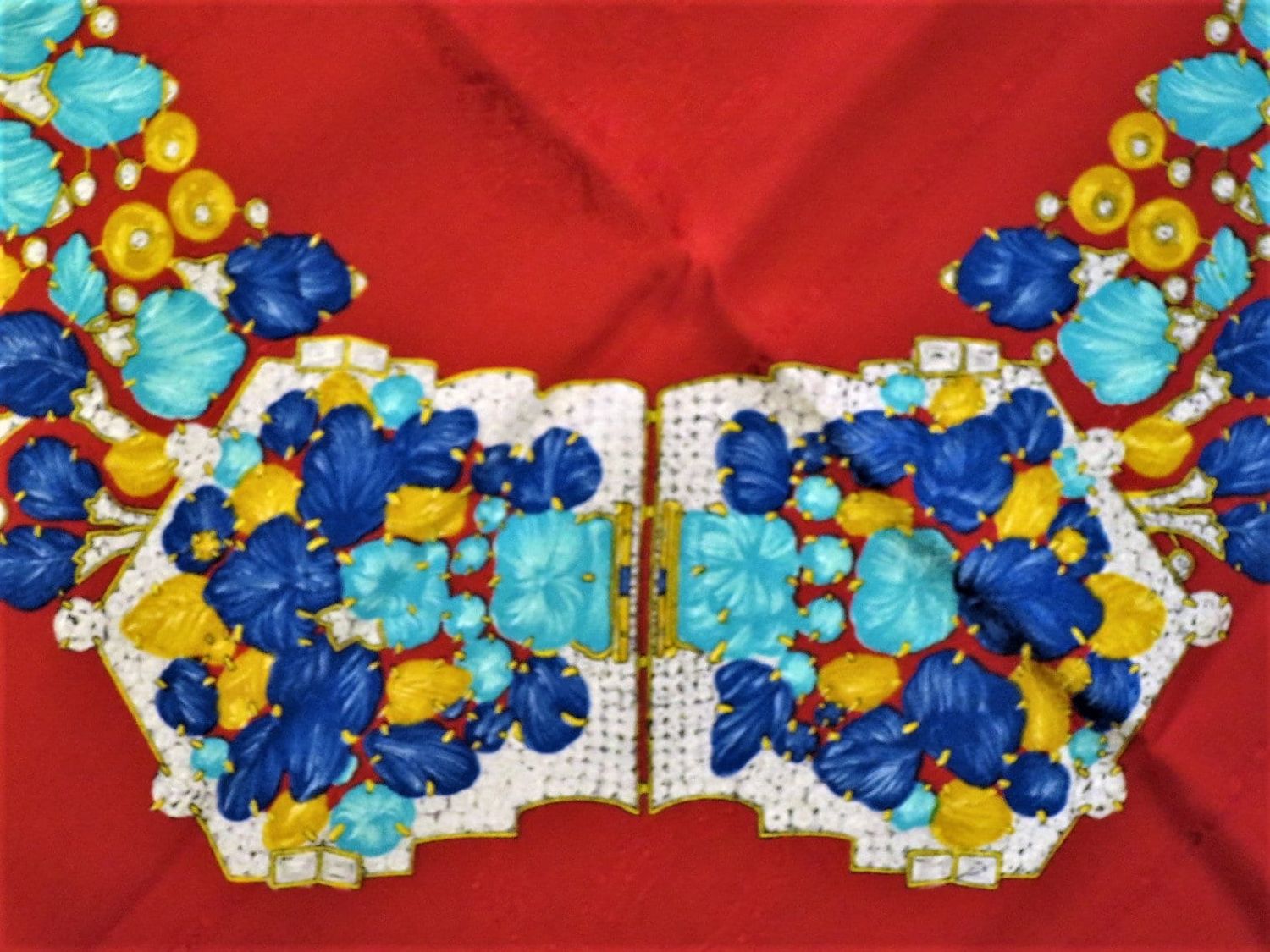 Vintage Cartier Scarf Large Square Size Italian Silk Brocade in red Tutti Frutti Jewelry motif