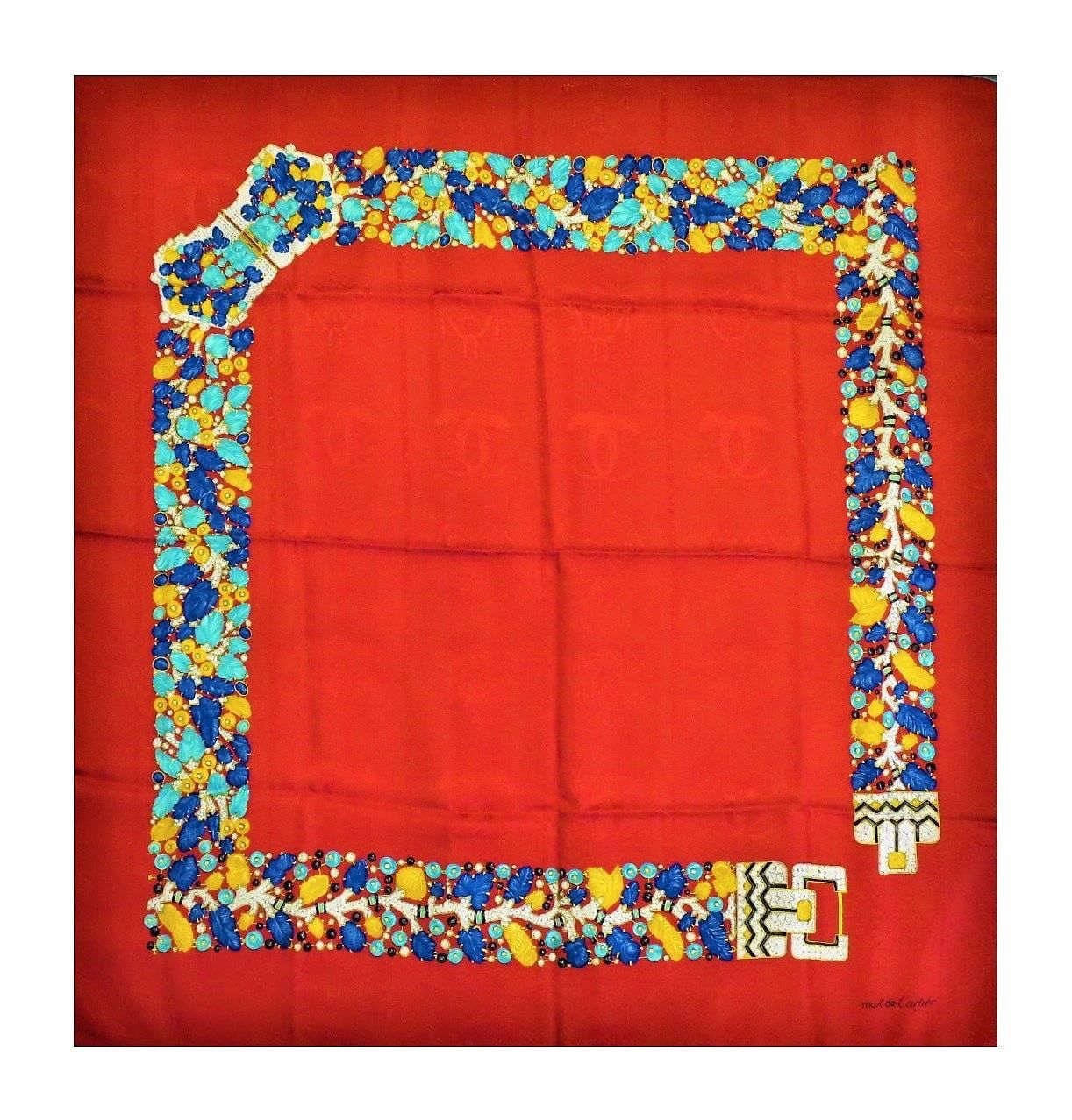 Vintage Cartier Scarf Large Square Size Italian Silk Brocade in red Tutti Frutti Jewelry motif