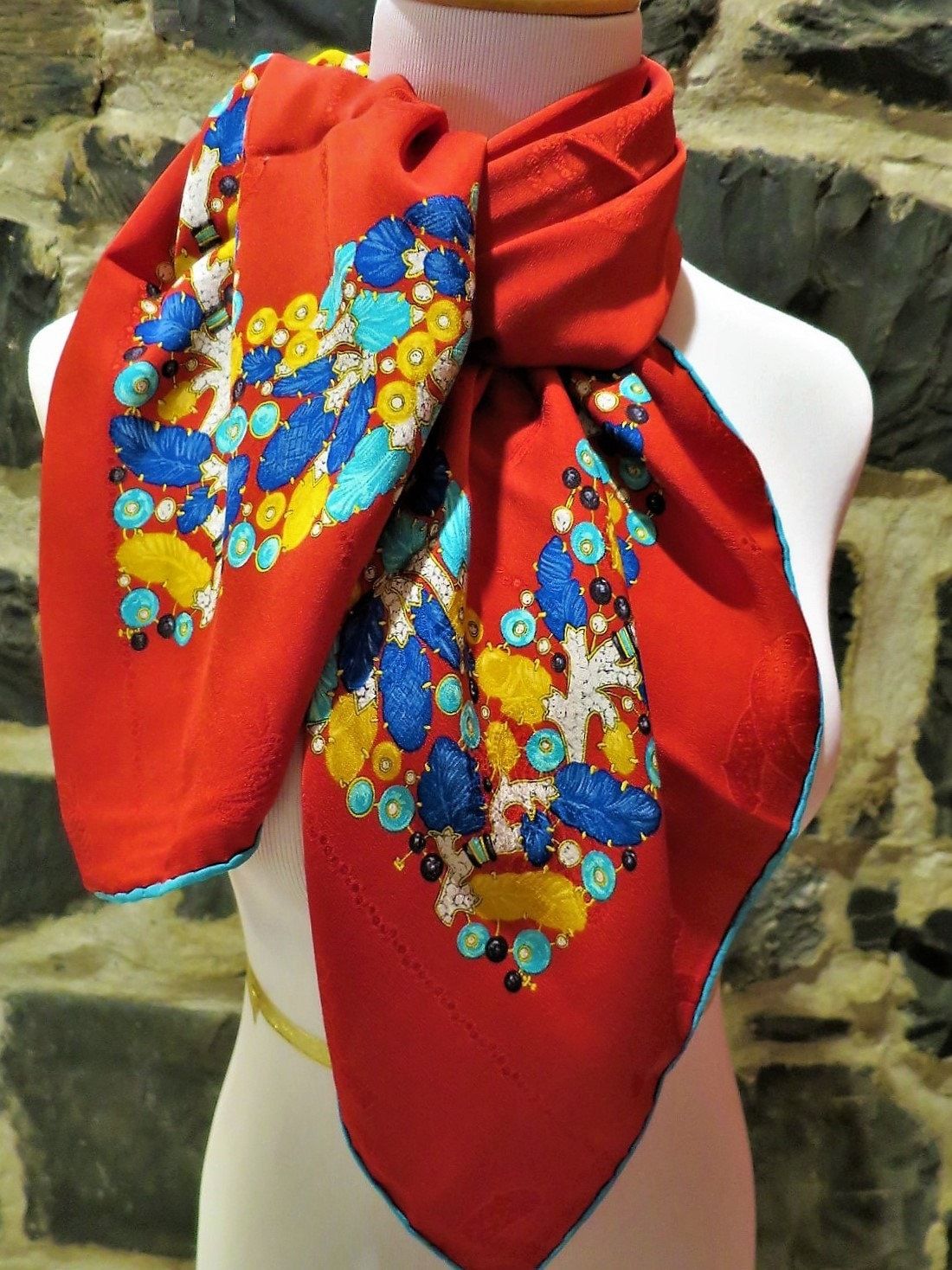 Vintage Cartier Scarf Large Square Size Italian Silk Brocade in red Tutti Frutti Jewelry motif