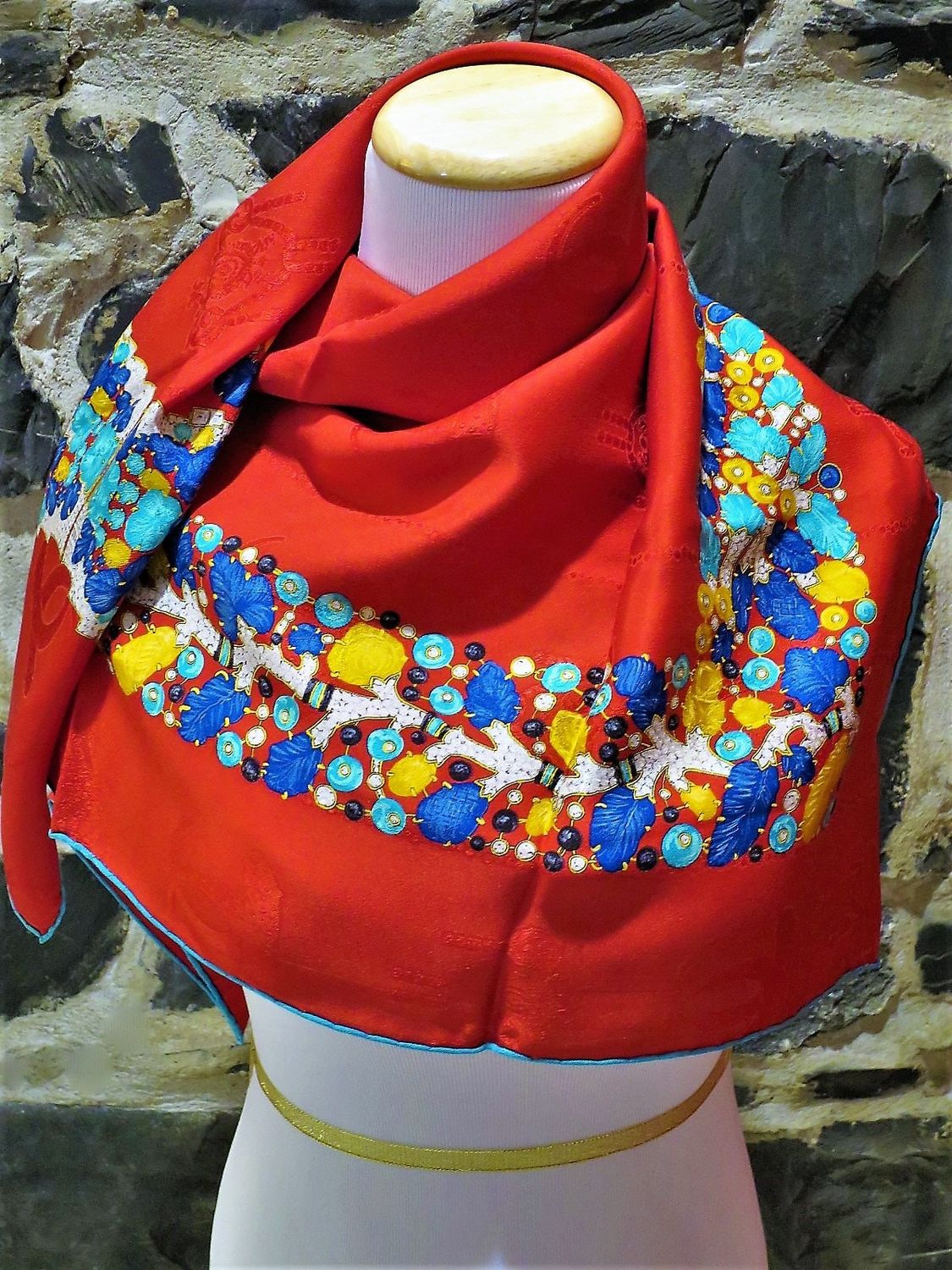 Vintage Cartier Scarf Large Square Size Italian Silk Brocade in red Tutti Frutti Jewelry motif