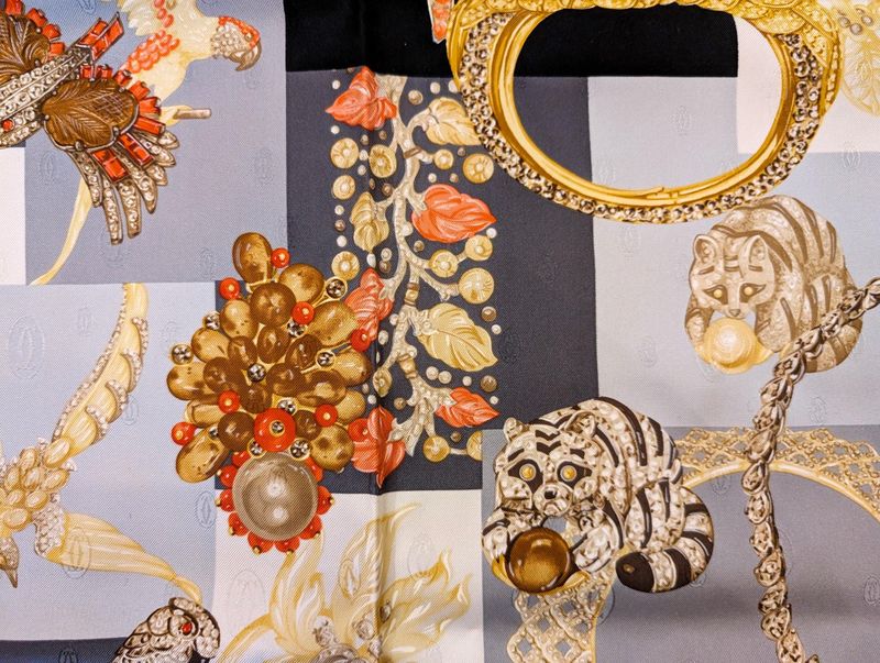 Vintage Cartier Scarf Large Size Italian Silk Twill with Original Box  Animal Jewelry Brooches motif in Ivory and Grey