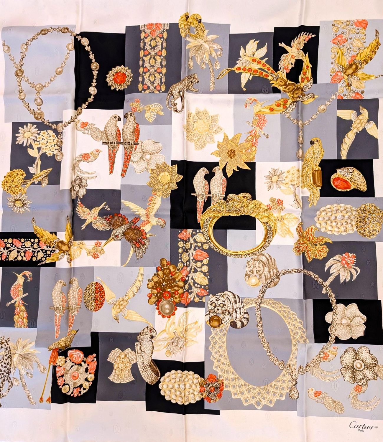 Vintage Cartier Scarf Large Size Italian Silk Twill with Original Box  Animal Jewelry Brooches motif in Ivory and Grey