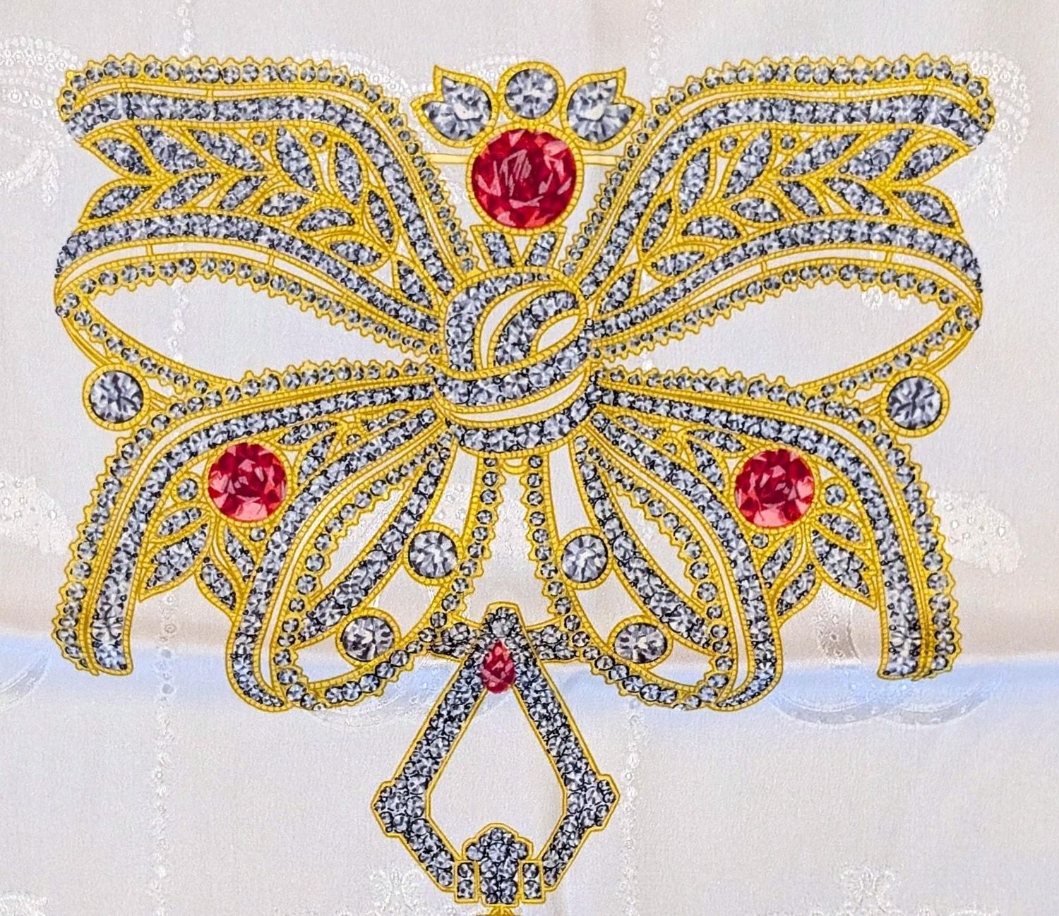 Vintage Cartier Scarf Large Square Size in pearl white with red Italian Silk Brocade