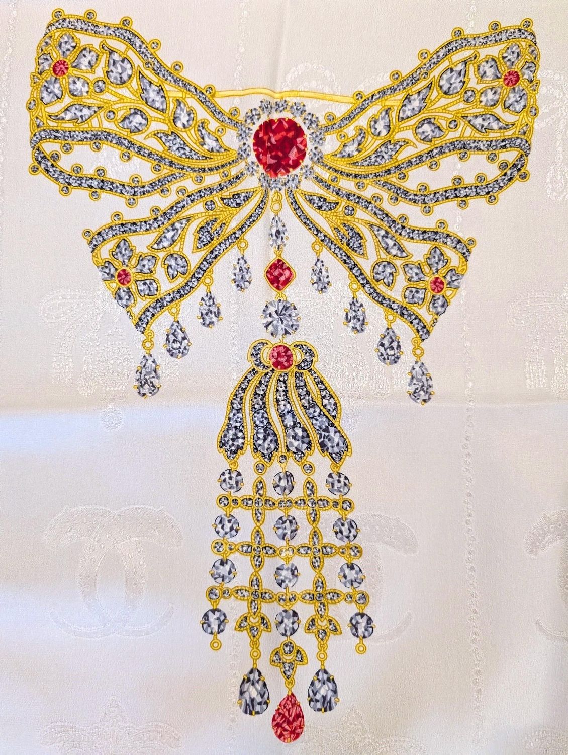 Vintage Cartier Scarf Large Square Size in pearl white with red Italian Silk Brocade