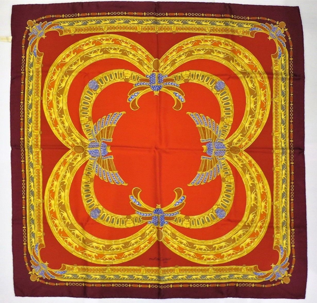 Vintage Cartier Scarf Large Square Size French Silk Twill red Egyptian Scarab motif