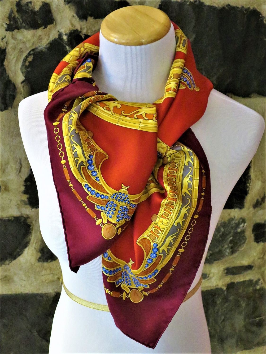 Vintage Cartier Scarf Large Square Size French Silk Twill red Egyptian Scarab motif