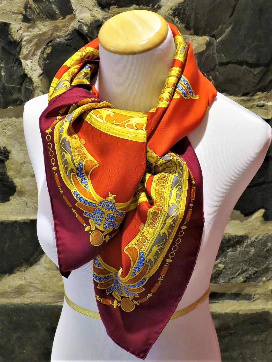 Vintage Cartier Scarf Large Square Size French Silk Twill red Egyptian Scarab motif