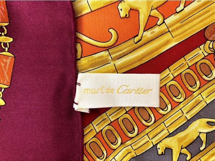 Vintage Cartier Scarf Large Square Size French Silk Twill red Egyptian Scarab motif