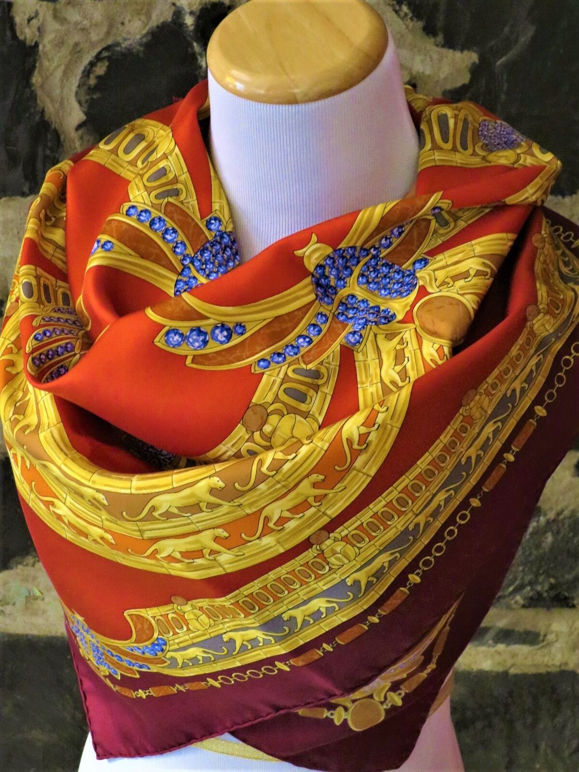 Vintage Cartier Scarf Large Square Size French Silk Twill red Egyptian Scarab motif