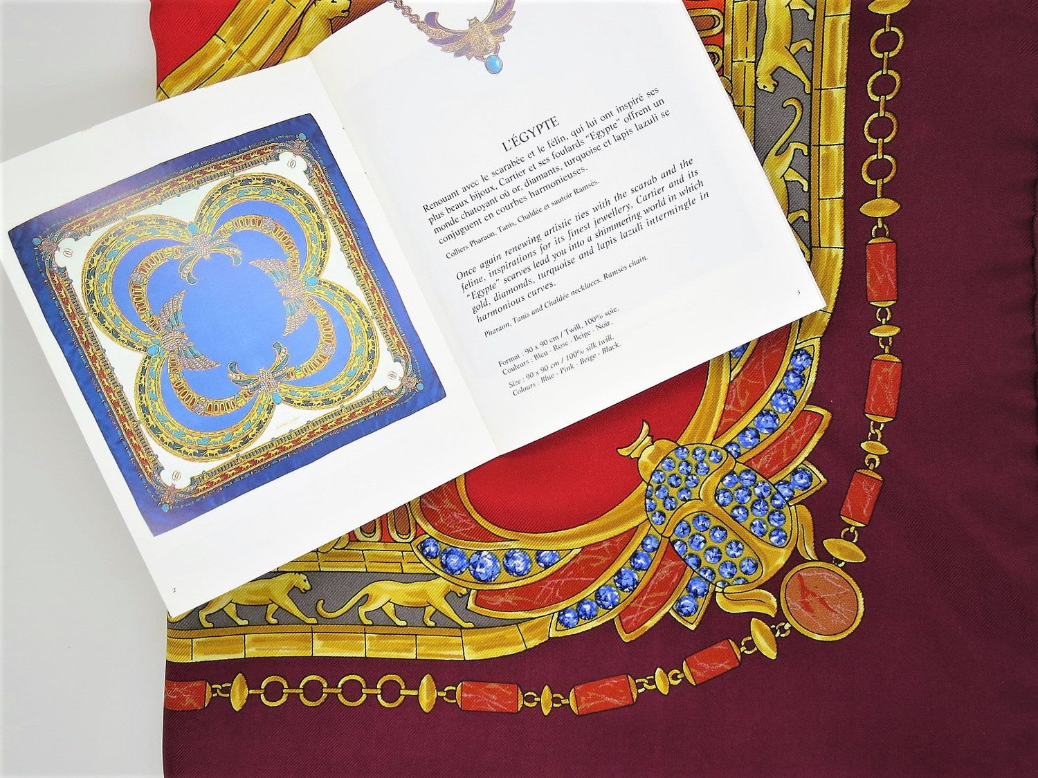 Vintage Cartier Scarf Large Square Size French Silk Twill red Egyptian Scarab motif