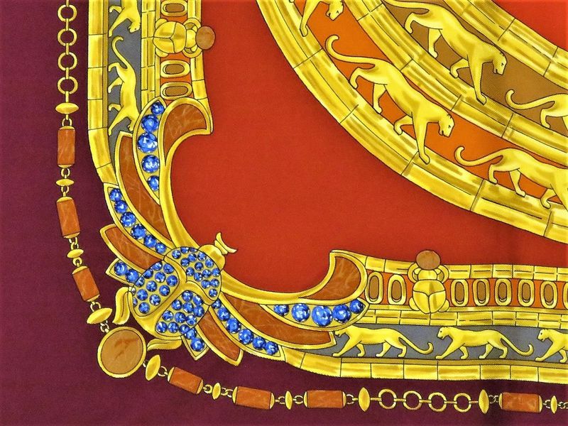 Vintage Cartier Scarf Large Square Size French Silk Twill red Egyptian Scarab motif