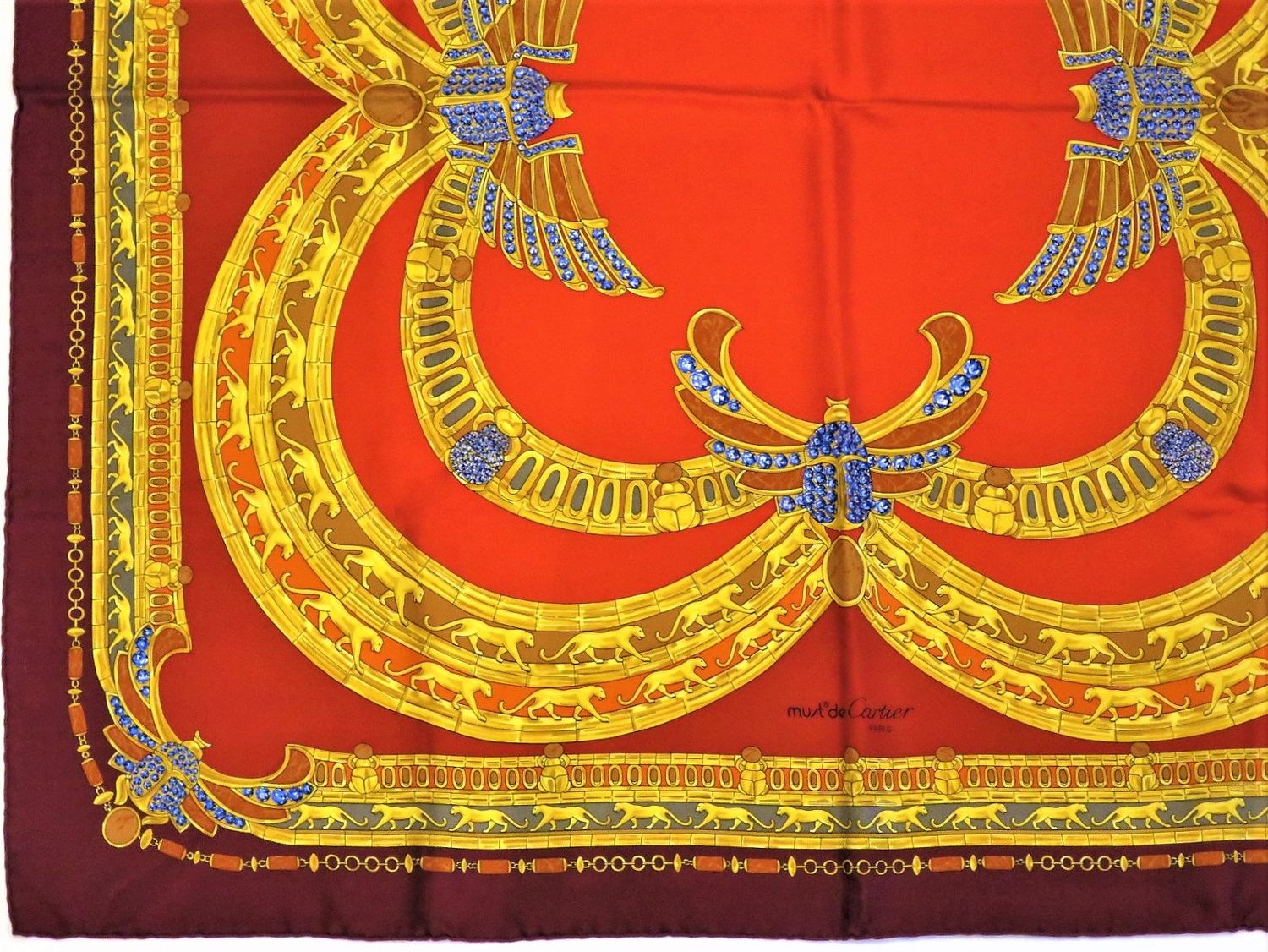 Vintage Cartier Scarf Large Square Size French Silk Twill red Egyptian Scarab motif