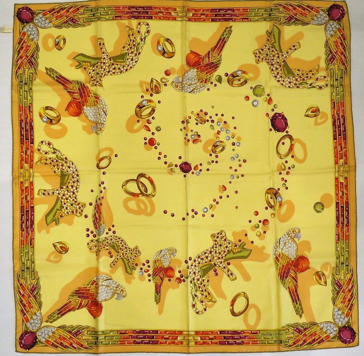 Vintage Cartier Scarf Large Square Size French Silk Twill yellow with Animal Jewelry motif