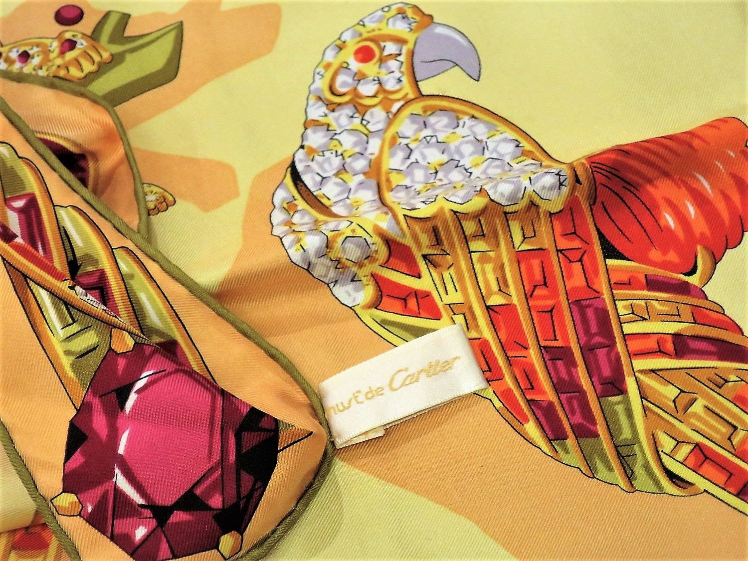 Vintage Cartier Scarf Large Square Size French Silk Twill yellow with Animal Jewelry motif