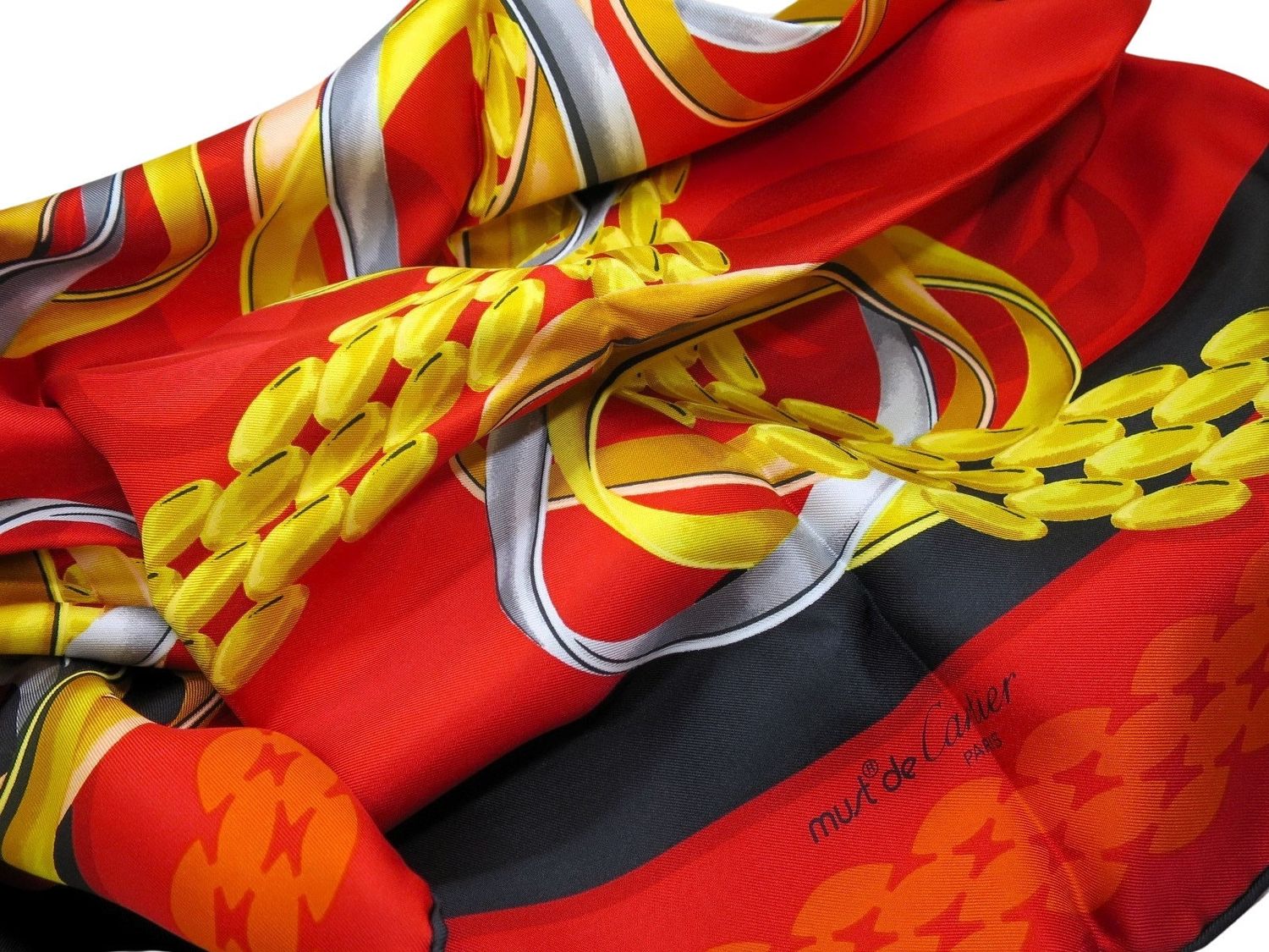 Vintage Cartier Scarf Large Square Size French Silk Twill red with Trinity motif