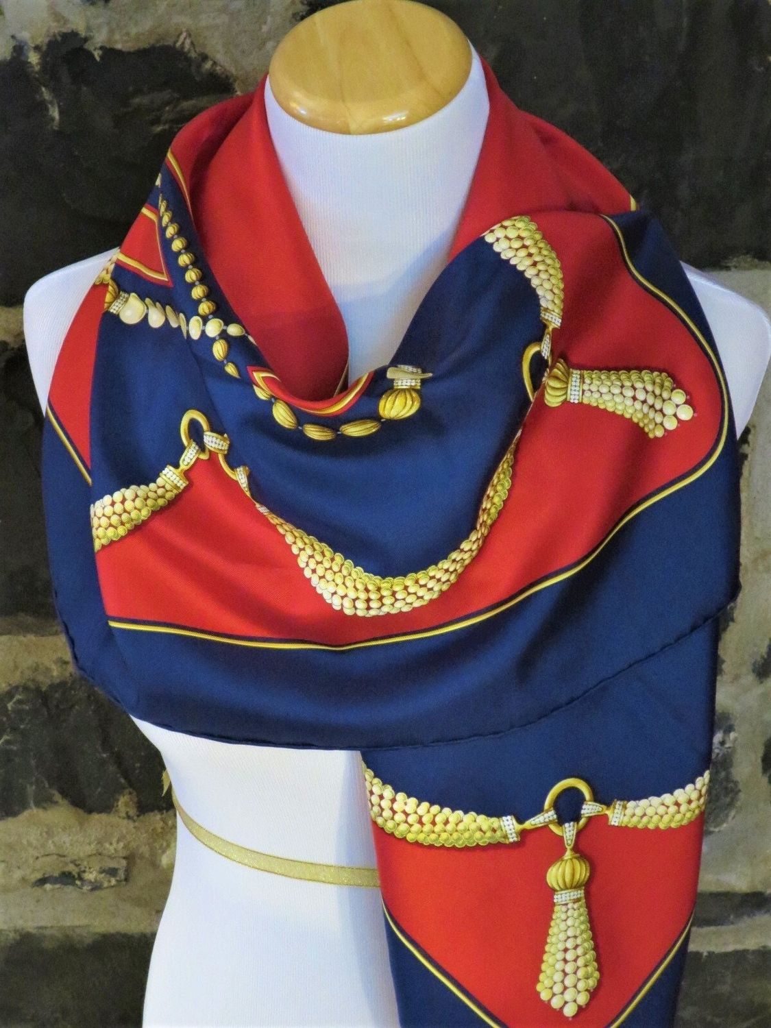 Vintage Cartier Scarf Large Square Size French Silk Twill with Red and Navy Pearls motif